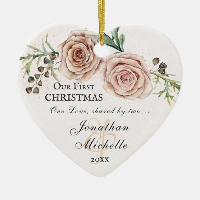 Unser erstes Weihnachts-Rosa-Blumenbibel Vers Keramik Ornament (Vorne)