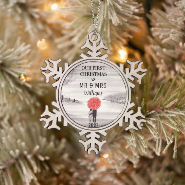 Unser erstes Weihnachts-Rotes Schirmpaar Liebe Schneeflocken Zinn-Ornament (Baum)