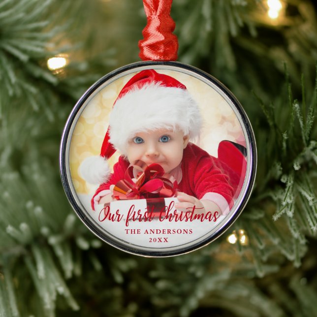 Unser erstes Weihnachts-Rotes Skript-Foto Ornament Aus Metall (Baum)