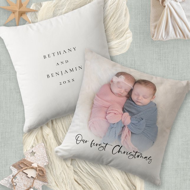 Unser erstes Weihnachts-Script-Baby-Twins-Foto Kissen (Front and back view)
