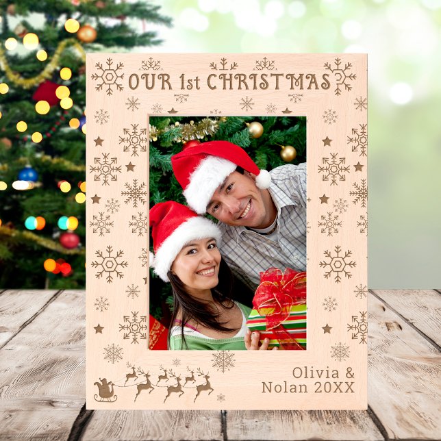 Unser erstes Weihnachts-Weihnachts-und Hirschpaar  Geätzte Rahmen (Our First Christmas Santa & Deer Couple's Name 5x7 Etched Frames)