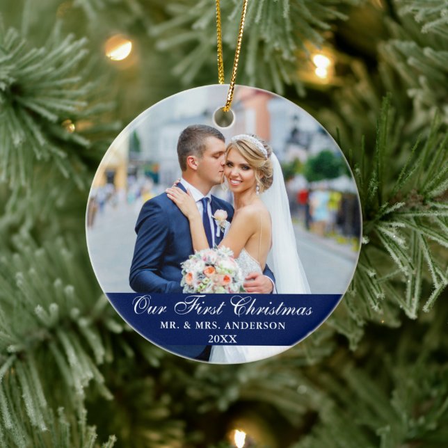 Unser erstes Weihnachtsfest-Foto Blue Keramik Ornament (Baum)