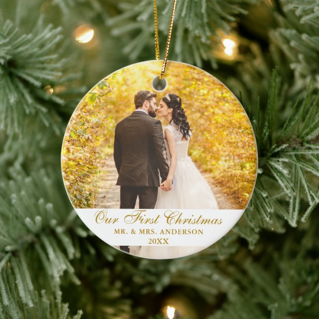 Unser erstes Weihnachtsfest-Foto Gold Script Keramik Ornament (Baum)