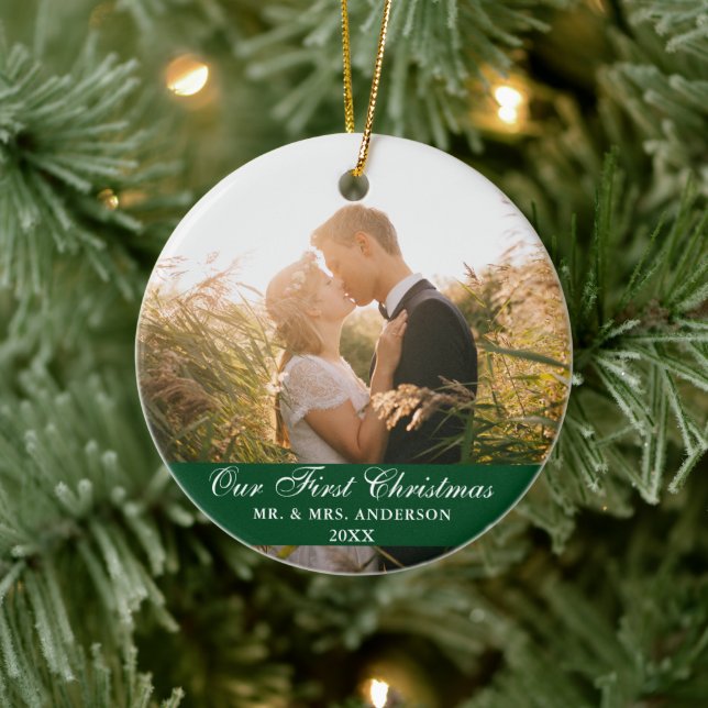 Unser erstes Weihnachtsfest Foto Green Keramik Ornament (Baum)