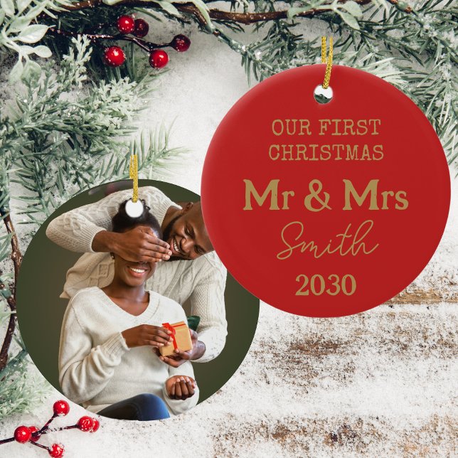 Unser erstes Weihnachtsfest Foto Mr. und Mrs. Red  Keramik Ornament (Back And Front)