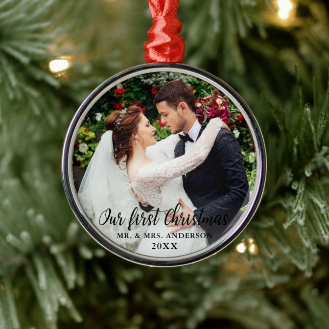 Unser erstes Weihnachtsfest-Foto Ornament Aus Metall (Baum)