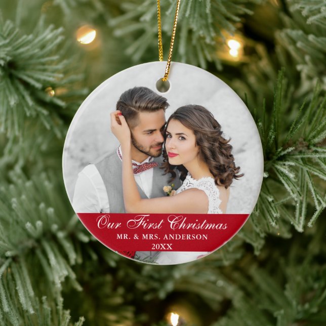 Unser erstes Weihnachtsfest-Foto Rot Keramik Ornament (Baum)