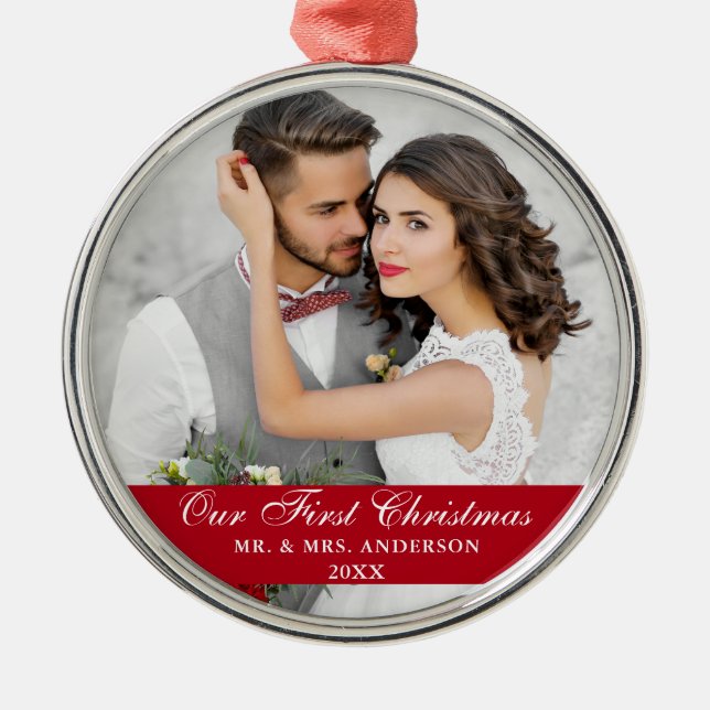 Unser erstes Weihnachtsfest-Foto Rot Ornament Aus Metall (Vorne)