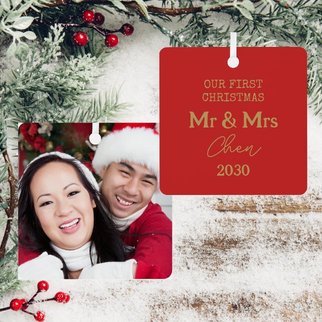 Unser erstes Weihnachtsfest - Rot und Gold - Foto Ornament Aus Metall (Back And Front)