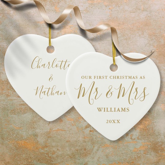 Unser erstes Weihnachtskript von Frau Gold Keramik Ornament (Our First Christmas Mr Mrs Gold Signature Script Ceramic Ornament)