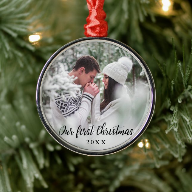 Unser erstes Weihnachtskuchen-Foto Ornament Aus Metall (Baum)