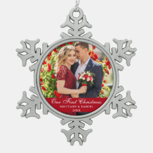 Unser erstes Weihnachtslied Foto Rot Schneeflocken Zinn-Ornament