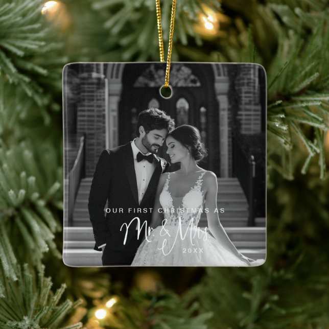 Unser erstes Weihnachtslied Mr. & Mrs. Foto Keramikornament (Baum)