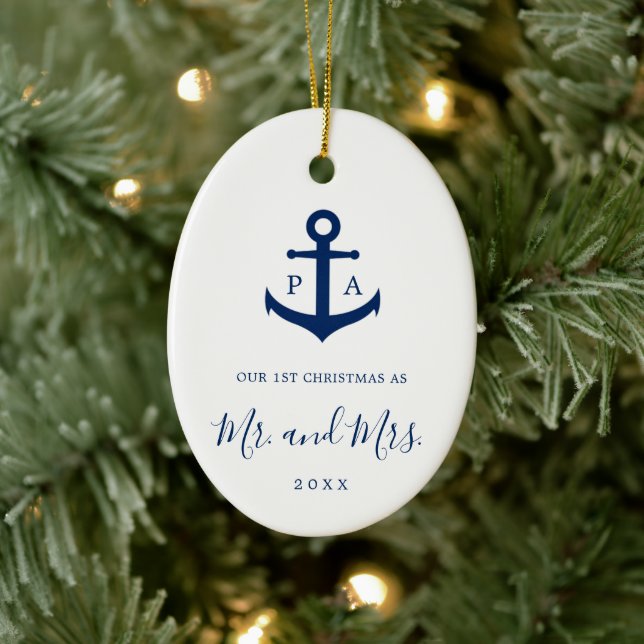 Unser erstes Weihnachtsmonogramm-Foto Nautic Keramik Ornament (Baum)