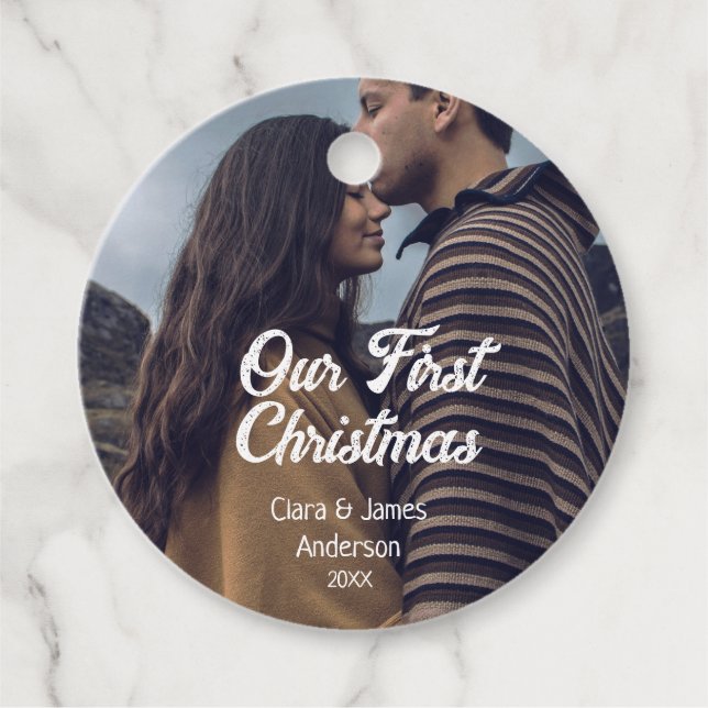 Unser erstes Weihnachtspaar Foto-Name weiß grau Geschenkanhänger (Vorderseite)