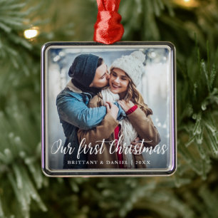 Unser erstes Weihnachtspaar-Foto-Skript Ornament Aus Metall