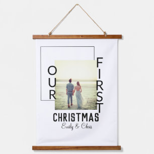 Unser erstes Weihnachtspaar Name Foto minimal Wandteppich Mit Holzrahmen