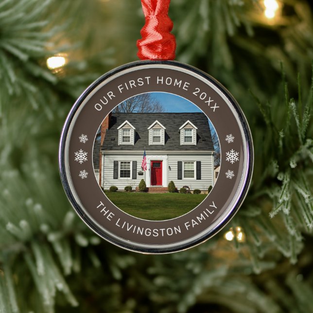 Unser erstes Zuhause Brown Personalisiert Foto Ornament Aus Metall (Baum)
