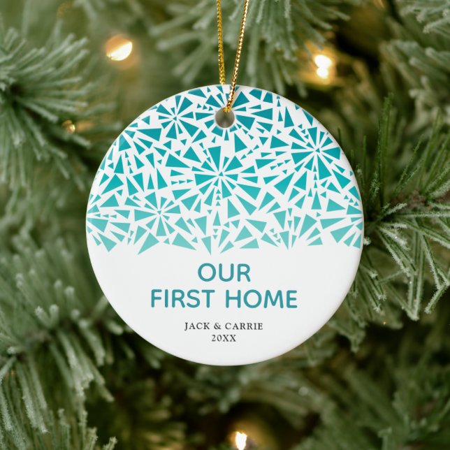 Unser erstes Zuhause Personalisiert Blue Fraktal M Keramik Ornament (Baum)