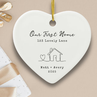 Unser erstes Zuhause Personalisierte Linienkunst N Keramik Ornament