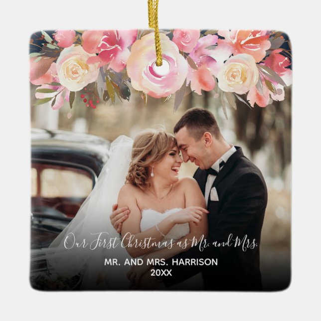 Unser First Christmas Newlywings 2 Foto Floral Keramikornament (Vorderseite)