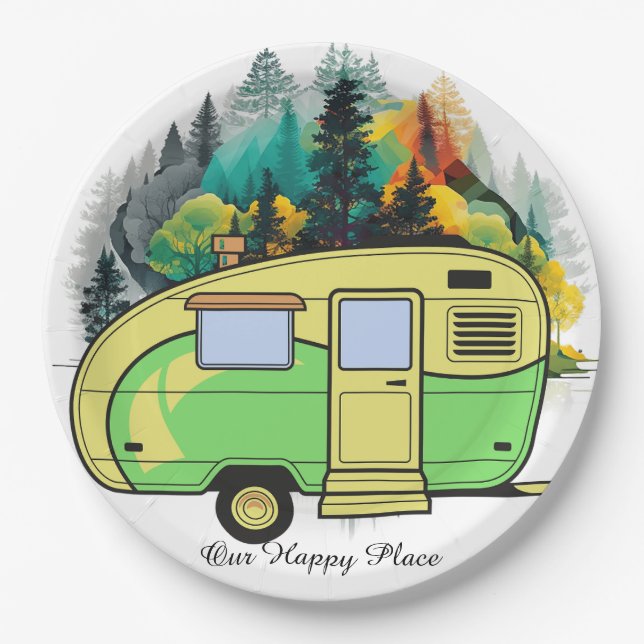 Unser glücklicher Ort. Retro-Camping-Papierplatte Pappteller (Vorderseite)