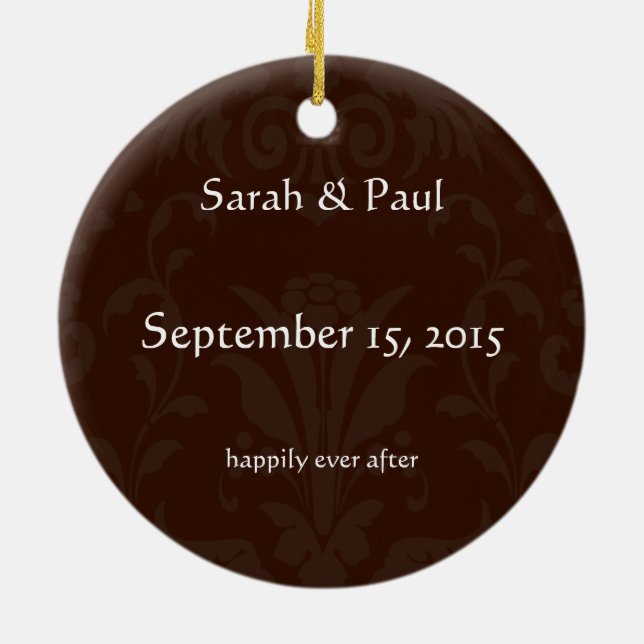 Unser Hochzeitsbrown Damask Foto Keramik Ornament (Hinten)