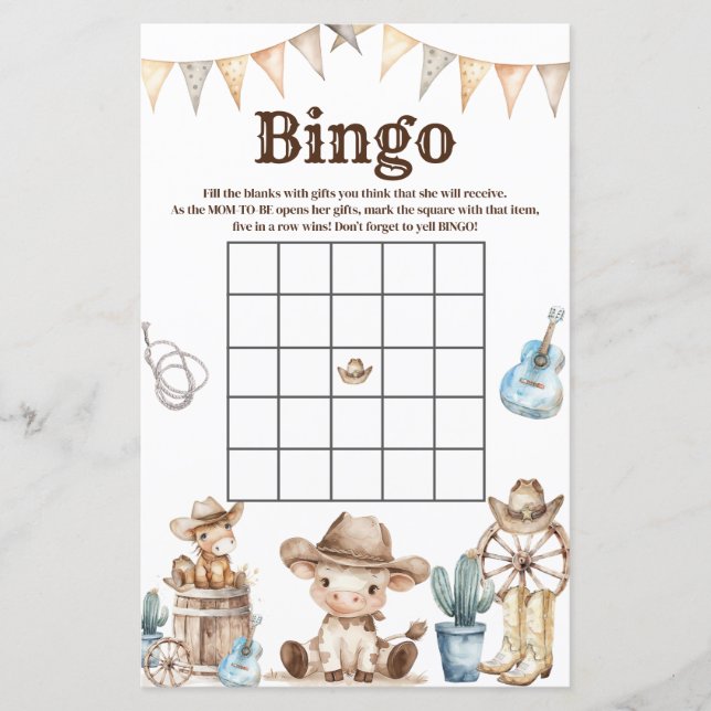 Unser kleiner Cowboy Cactus Baby Dusche Bingo Game (Vorderseite)