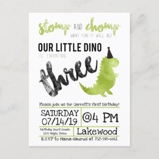 Unser kleiner Dino Birthday Green Dinosaur Theme B Einladungspostkarte