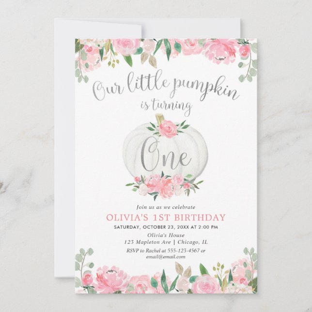 Unser kleiner Kürbis pink silber florale 1. Geburt Einladung (Vorderseite)