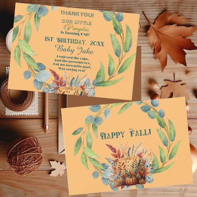 Unser kleiner Pumpkin 1. Geburtstag Herbst Wreath  Dankeskarte (Our Little Pumpkin 1st Birthday Fall Wreath Orange Thank You Card)