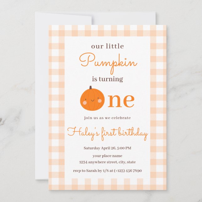 Unser kleiner Pumpkin 1. Orange Herbst Erster Gebu Einladung (Vorderseite)