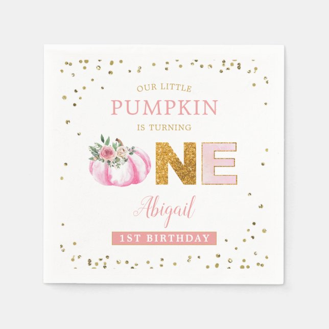 Unser kleiner Pumpkin Pink Gold Floral erster Gebu Serviette (Vorderseite)