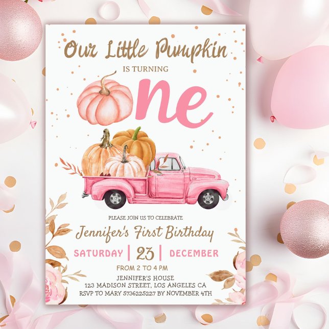 Unser kleiner Pumpkin | Pink Truck Girl 1. Geburts Einladung (Von Creator hochgeladen)