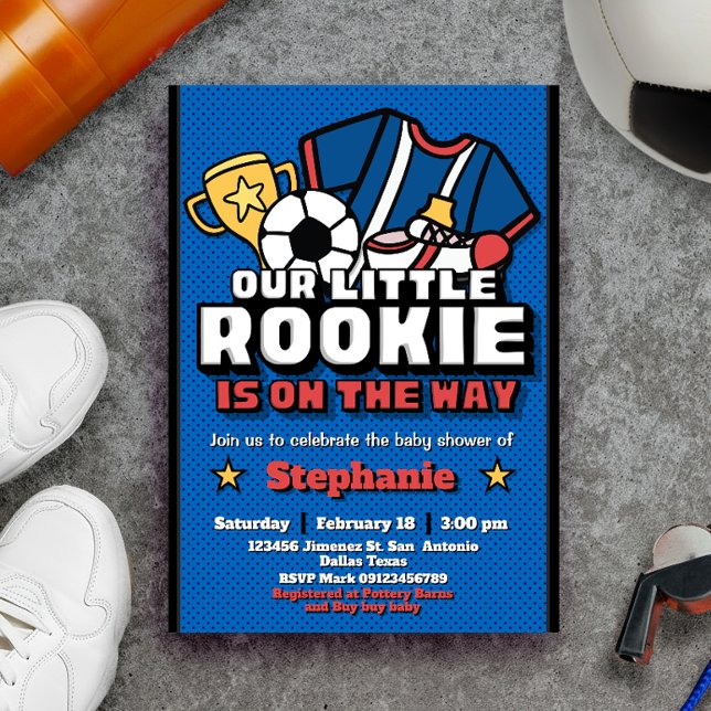 Unser kleiner Rookie ist unterwegs Einladung (Our Little Rookie is on the Way Invitation - Soccer Football Baby Shower Invitation)
