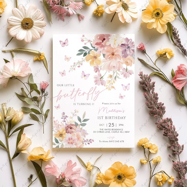 Unser kleiner Schmetterling am 1. Geburtstag Einladung (Little butterfly 1st birthday. Floral butterfly birthday invitation)
