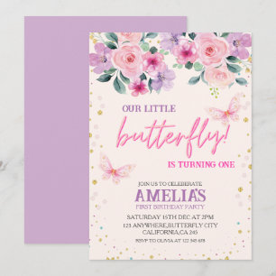 Unser kleiner Schmetterling lila Blüte 1. Geburtst Einladung