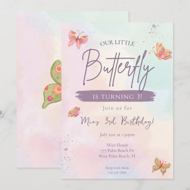 Unser kleiner Schmetterling Pastel Butterfly Gebur Einladung (Vorne/Hinten)
