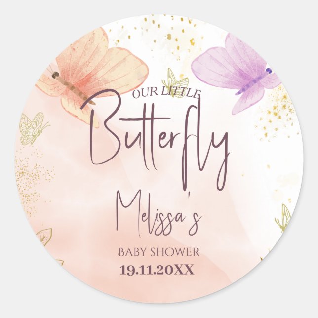 Unser kleiner Schmetterling Wasserfarben Pink Lila Runder Aufkleber (Vorderseite)
