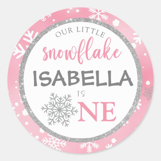 UNSER KLEINER SCHNEEFLAKE PINK 1. GEBURTSTAG RUNDER AUFKLEBER (Vorderseite)