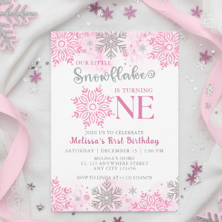 Unser kleiner Schneeflocken Rosa Silberner Winter  Einladung