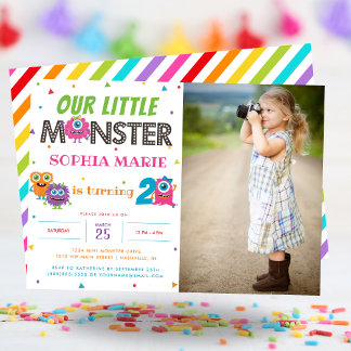 Unser kleines Monster Niedlich Pink Foto Geburtsta Einladung