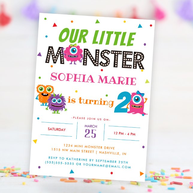 Unser kleines Monster Niedlich Pink Kindergeburtst Einladung (Our Little Monster Cute Pink Kids Birthday Party Invitation)