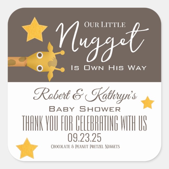 "Unser kleines Nugget" Baby Dusche bevorzugt Leben Quadratischer Aufkleber (Vorderseite)