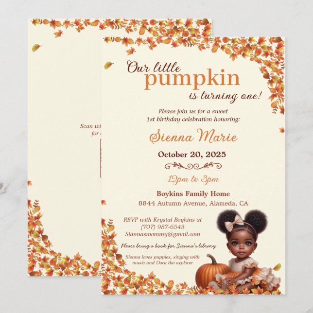 Unser kleines Pumpkin Afro Puff Baby Girl Geburtst Einladung (Vorne/Hinten)