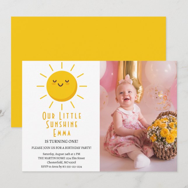 Unser kleines Sunshine First Birthday Party Foto Einladung (Vorne/Hinten)