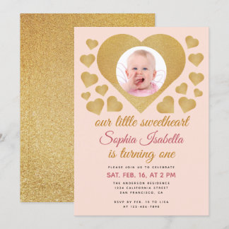 Unser kleines Sweetheart Gold Pink Foto 1. Geburts Einladung