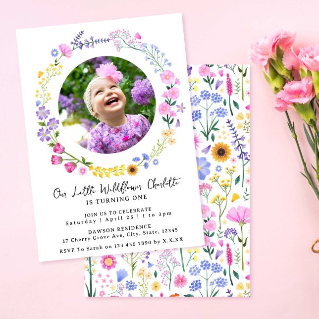 Unser kleines Wildblume Girl 1. Geburtstag Foto Einladung (Our Little Wildflower Girl 1st Birthday Photo Invitation)
