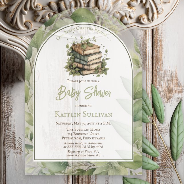 Unser nächstes Kapitel beginnt mit der Baby-Dusche Acryleinladungen (Rustic Vintage Elegance "Our Next Chapter Begins . . ." Old Books Leaves Baby Shower Acrylic Invite)