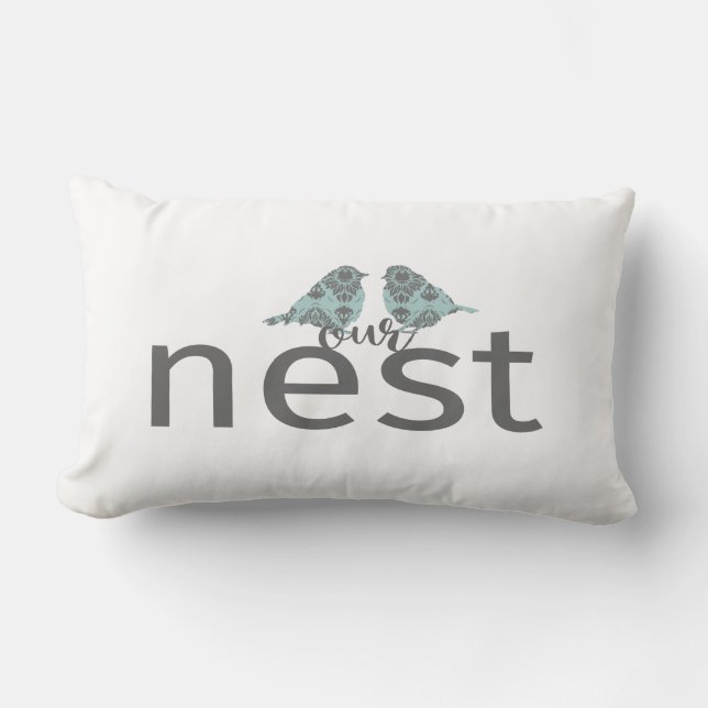 Unser Nest grau u. Blau mit zwei Vögeln Lendenkissen (Vorderseite)